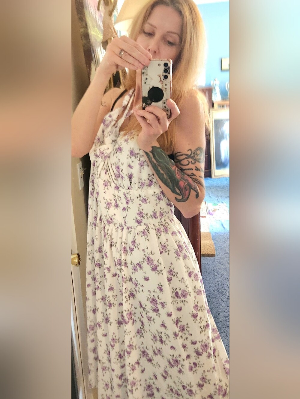SKARLET DARKNESS PRETTY PURPLE FLORAL SMOCKED-BACK HALTER DRESS, 2X PLUS